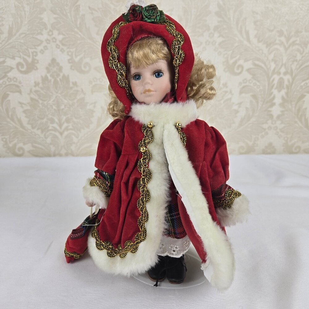 Vintage Porcelain Doll Red Plaid Dress Red Cloak Faux Fur Trim Blond Blue Eyes